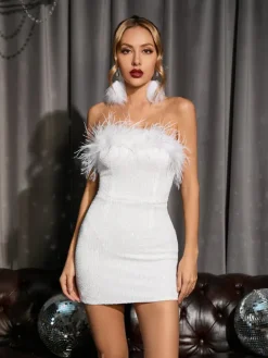 Dresses*Mew Mews Fashion Marin Strapless Feather Sequin Mini Dress In White