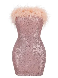 Dresses|Mini Dresses*Mew Mews Fashion Marin Strapless Feather Sequin Mini Dress In Lotus