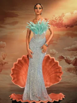 Embellishment|Dresses*Lu Yili Mathis Strapless Feather Sequin Maxi Dress