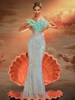 Embellishment|Dresses*Lu Yili Mathis Strapless Feather Sequin Maxi Dress