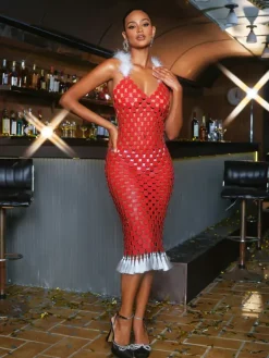 Dresses|Midi Dresses*Mew Mews Fashion O/S Mckie Feather Fringe Chainmail Dress