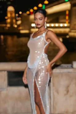 Dresses*Mew Mews Fashion Mena Net Hollow Ruched Sequin Dress