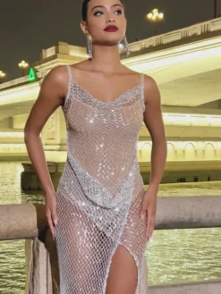 Dresses*Mew Mews Fashion Mena Net Hollow Ruched Sequin Dress