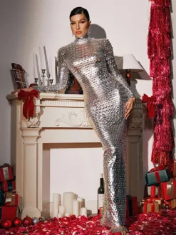 Dresses|Maxi Dresses*Mew Mews Fashion Mercy Long Sleeve Cutout Maxi Dress In Silver