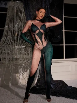 Jumpsuits & Romper|Embellishment*Embellishment O/S Metra Body Printed Rhinestone Gloves Jumpsuit In Green
