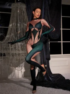Jumpsuits & Romper|Embellishment*Embellishment O/S Metra Body Printed Rhinestone Gloves Jumpsuit In Green