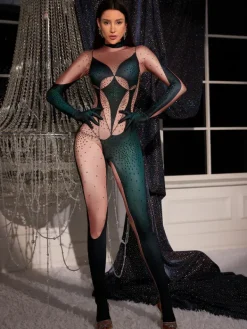 Jumpsuits & Romper|Embellishment*Embellishment O/S Metra Body Printed Rhinestone Gloves Jumpsuit In Green