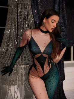 Jumpsuits & Romper|Embellishment*Embellishment O/S Metra Body Printed Rhinestone Gloves Jumpsuit In Green