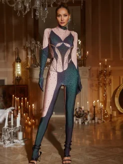 Jumpsuits & Romper|Embellishment*Embellishment O/S Metra Body Printed Rhinestone Gloves Jumpsuit In Green