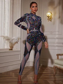 Embellishment*Embellishment Mette High Neck Printed Rhinestone Jumpsuit