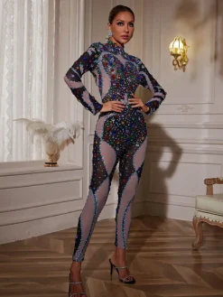 Embellishment*Embellishment Mette High Neck Printed Rhinestone Jumpsuit