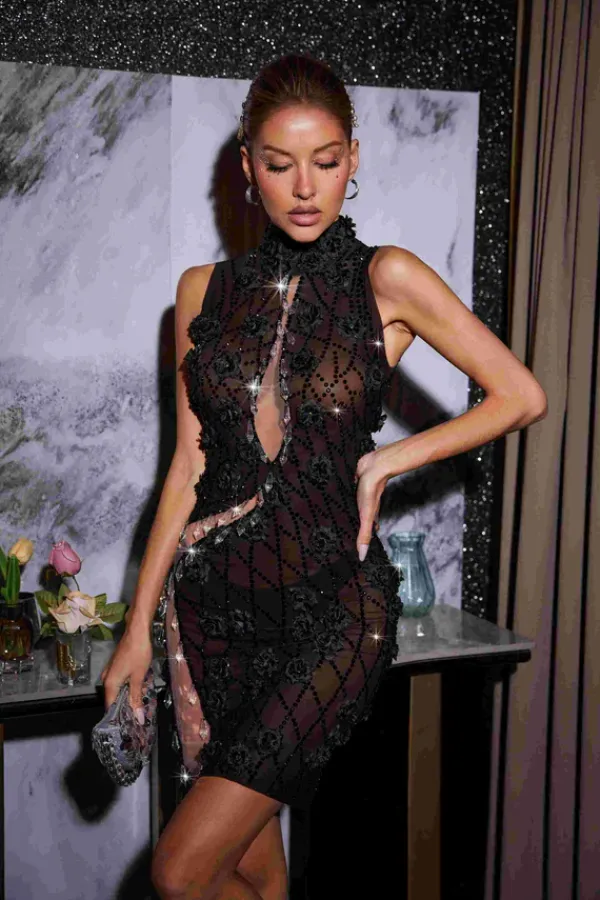 Embellishment|Dresses*Embellishment Midori Sleeveless Flower Rhinestone Mini Dress In Brown