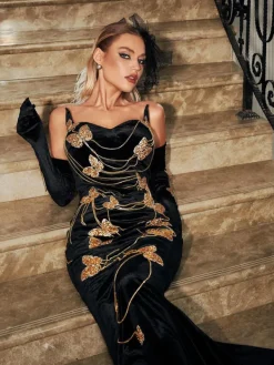 Embellishment|Dresses*Lu Yili Miel Butterfly Chain Embellished Velvet Dress