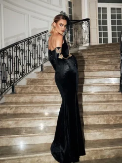 Embellishment|Dresses*Lu Yili Miel Butterfly Chain Embellished Velvet Dress