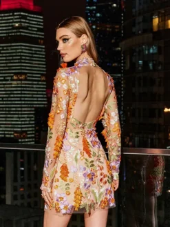 Dresses*Mew Mews Fashion Miela Floral Long Sleeves Embroidered Dress
