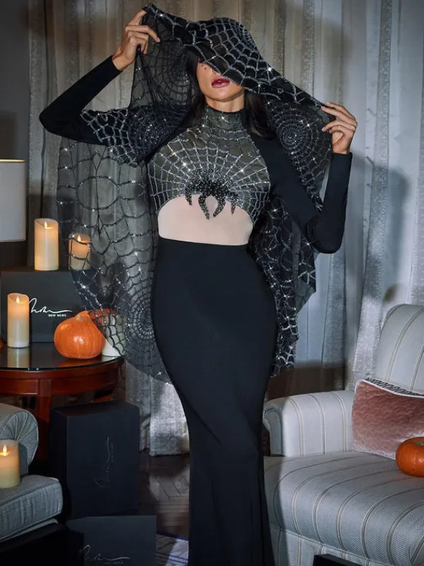 Dresses|Maxi Dresses*Mew Mews Fashion Mikki Long Sleeve Sequin Cobweb Maxi Dress