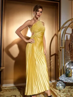 Dresses*Mew Mews Fashion Miller One Shoulder Ruched Maxi Dress In Gold