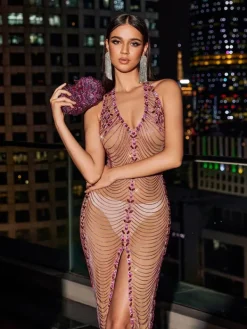 Embellishment|Dresses*Embellishment Miracle Open Back Crystal Chain Split Maxi Dress