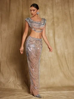 Embellishment|Sets & Co-ords*Embellishment Mirri Crystal Chain Wrapped Mesh Skirt Set