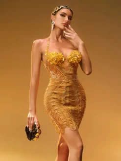 Dresses|Mini Dresses*W Jia Misael Halterneck Crystal Mesh Mini Dress In Gold