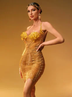 Dresses|Mini Dresses*W Jia Misael Halterneck Crystal Mesh Mini Dress In Gold