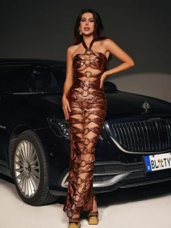 Dresses|Maxi Dresses*Mew Mews Fashion Mocha Hard Ware Hollow Metallic Maxi Dress In Bronze
