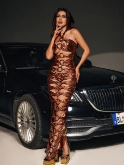 Dresses|Maxi Dresses*Mew Mews Fashion Mocha Hard Ware Hollow Metallic Maxi Dress In Bronze