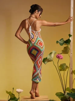 Cover-ups|Swimwear*Mew Mews Fashion Monroe Spaghetti Printed Hollow Knitted Dress