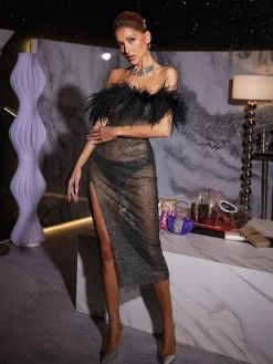 Dresses*Mew Mews Fashion O/S Myriam Feather Diamond Mesh Midi Dress