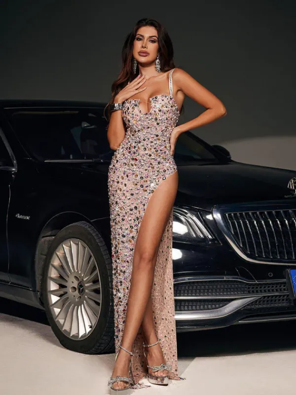 Embellishment|Dresses*Embellishment Nadira Rhinestone High Split Maxi Dress