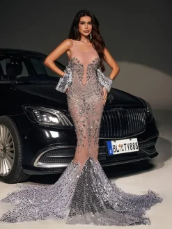 Dresses|Maxi Dresses*Jiu Bajia O/S Nasima Rhinestone Mermaid Maxi Dress