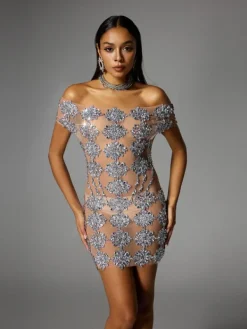 Dresses|Mini Dresses*Jiu Bajia O/S Natosha Off Shoulder Floral Crystal Mini Dress