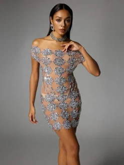 Dresses|Mini Dresses*Jiu Bajia O/S Natosha Off Shoulder Floral Crystal Mini Dress