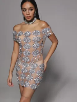 Dresses|Mini Dresses*Jiu Bajia O/S Natosha Off Shoulder Floral Crystal Mini Dress