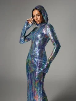 Embellishment|Dresses*Embellishment Nebraska Ombre Long Sleeve Hooded Maxi Dress In Blue