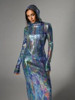 Embellishment|Dresses*Embellishment Nebraska Ombre Long Sleeve Hooded Maxi Dress In Blue