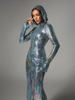 Embellishment|Dresses*Embellishment Nebraska Ombre Long Sleeve Hooded Maxi Dress In Light Blue
