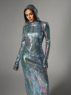 Embellishment|Dresses*Embellishment Nebraska Ombre Long Sleeve Hooded Maxi Dress In Light Blue