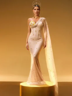 Embellishment|Dresses*Embellishment Nebulae One Shoulder Rhinestone Maxi Dress