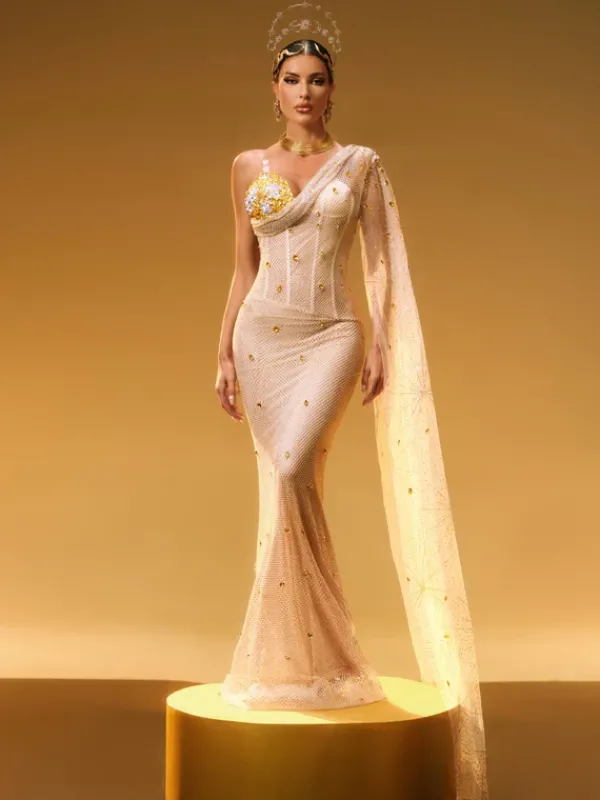 Embellishment|Dresses*Embellishment Nebulae One Shoulder Rhinestone Maxi Dress
