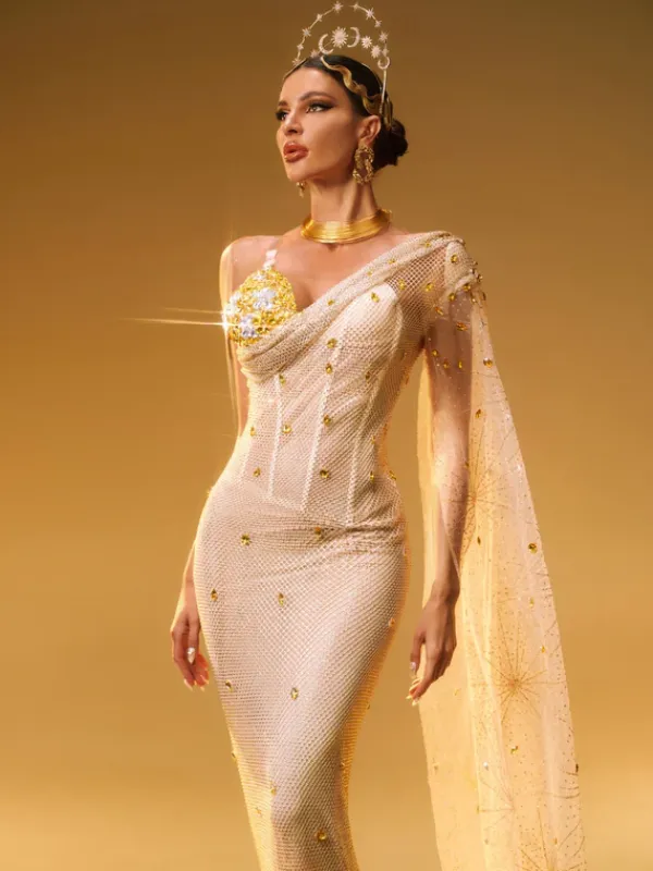 Embellishment|Dresses*Embellishment Nebulae One Shoulder Rhinestone Maxi Dress