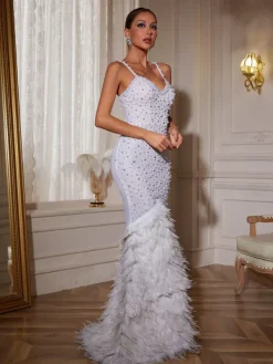Embellishment|Dresses*Lu Yili Nele Spaghetti Feather Trimmed Mermaid Maxi Dress