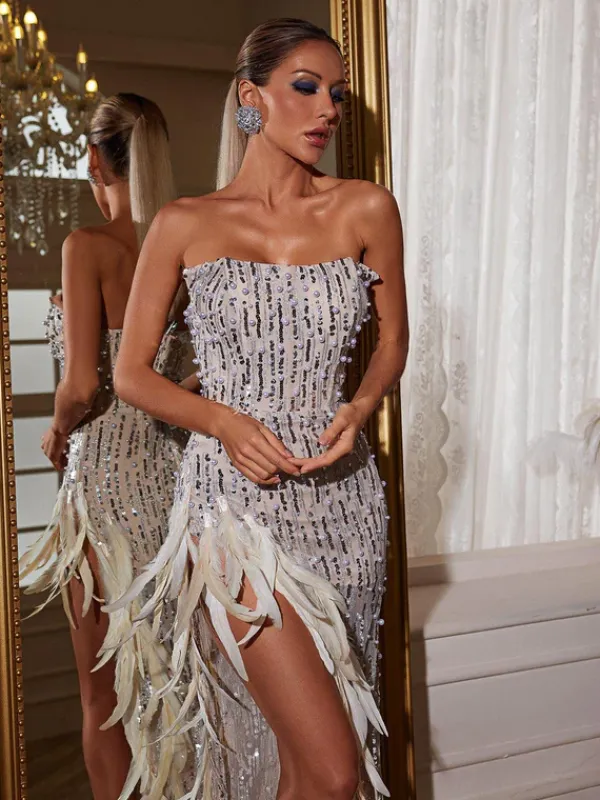 Embellishment|Dresses*Embellishment Nelya Strapless Feather Embellished Spilit Dress