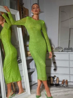 Dresses*Mew Mews Fashion Neriah Long Sleeve Crystal Midi Dress In Green