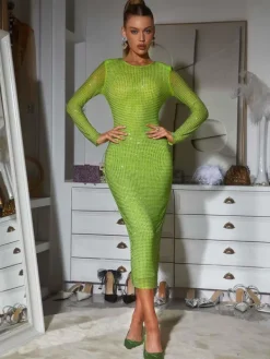 Dresses*Mew Mews Fashion Neriah Long Sleeve Crystal Midi Dress In Green