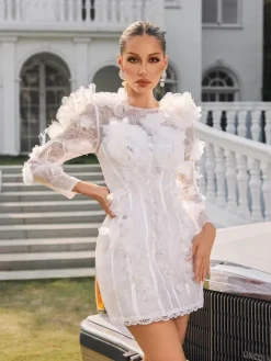 Embellishment|Dresses*Lu Yili Nexara Long Sleeve Flower Trimmed Mini Dress