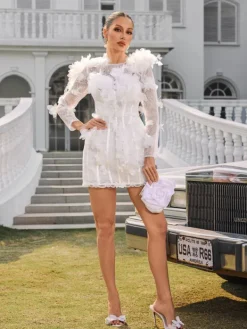 Embellishment|Dresses*Lu Yili Nexara Long Sleeve Flower Trimmed Mini Dress