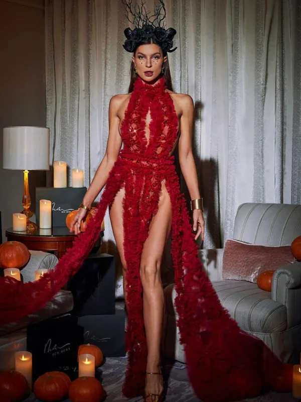 Embellishment|Dresses*Embellishment Niam High Collar Tulle Dress In Red
