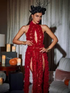 Embellishment|Dresses*Embellishment Niam High Collar Tulle Dress In Red
