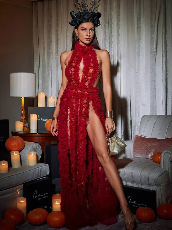 Embellishment|Dresses*Embellishment Niam High Collar Tulle Dress In Red